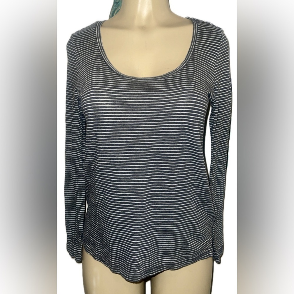 Banana Republic Long Sleeve Striped Round Neck Cotton Modal Blend Top Gray XS